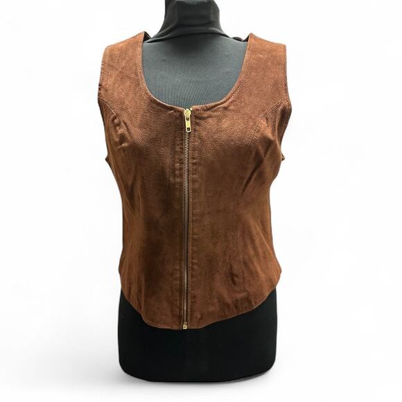 Vintage Nevada Blue Genuine Leather Vest Womens M Brown Zip Western Hippie Boho - Picture 1 of 5